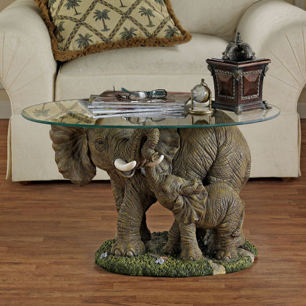 Elephants Majesty Glass Topped Cocktail Table Sculptures Calf Statues